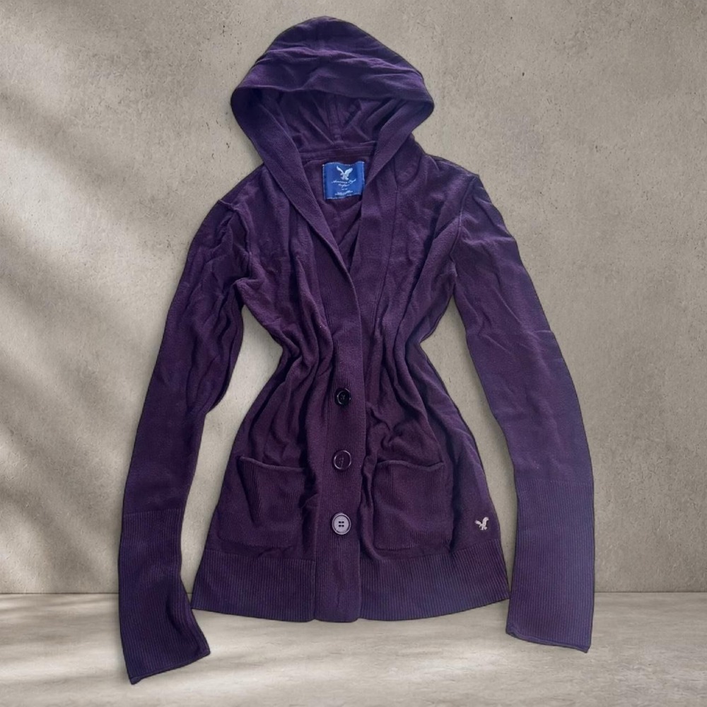 Vintage 2000s American Eagle Outfitters purple button up cardigan with hood M